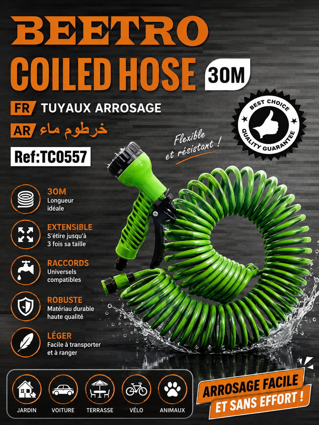 Tuyau D’Arrosage Spirale 30M Avec Pistolet et Raccords BEETRO TC0557